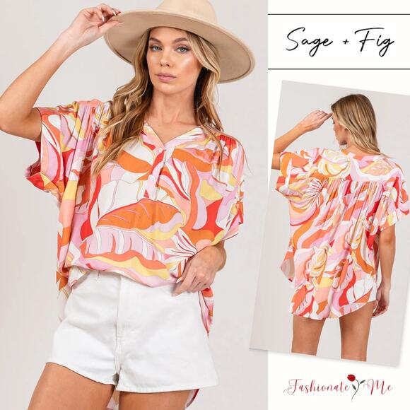 SAGE + FIG Abstract Print Half Button Short Sleeves Oversized Blouse | Coral - Picture 1 of 6
